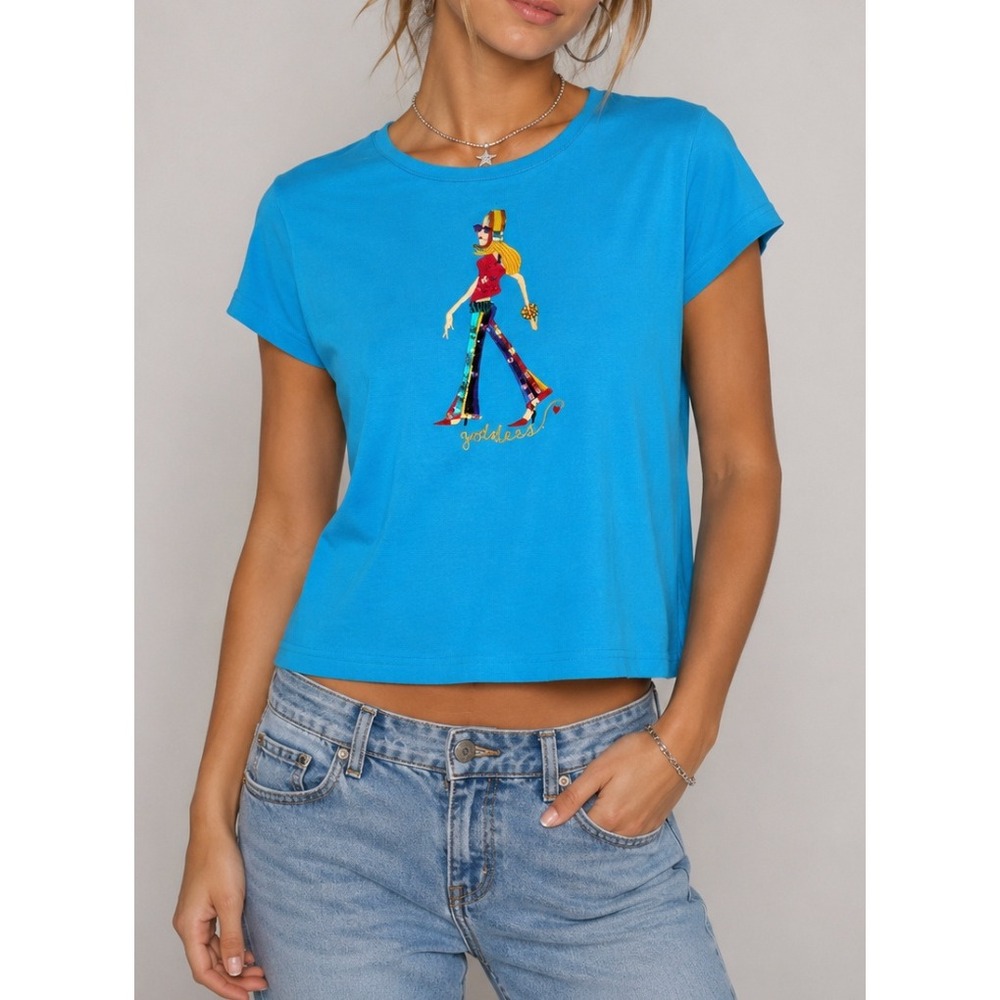 NEW VTG‎ Jack B Quick Turquoise Blue Sequin Beaded Goddess Graphic T-Shirt Small